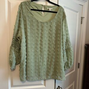Cato Sage Green Textured Blouse with Lace Sleeves